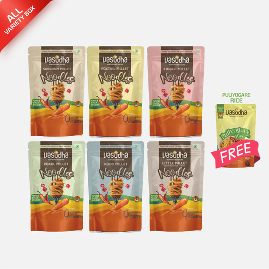 All-Variety Box (Free RTE Inside) – 6 Millet Noodles + Dal Khichadi / Poha / Puliyogare Rice | Ready to eat | No Onion | No Garlic | Sattvic