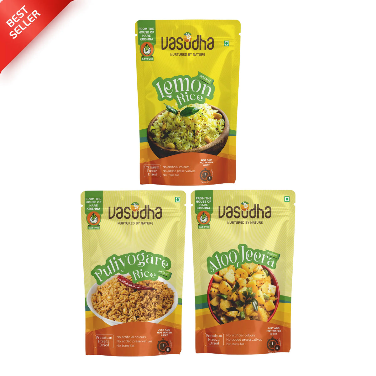 Bestsellers - Lemon Rice + Puliyogare Rice + Aloo Jeera | Ready to eat | No Onion | No Garlic | Sattvic