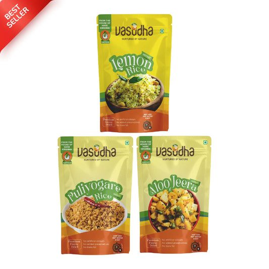 Bestsellers - Lemon Rice + Puliyogare Rice + Aloo Jeera | Ready to eat | No Onion | No Garlic | Sattvic