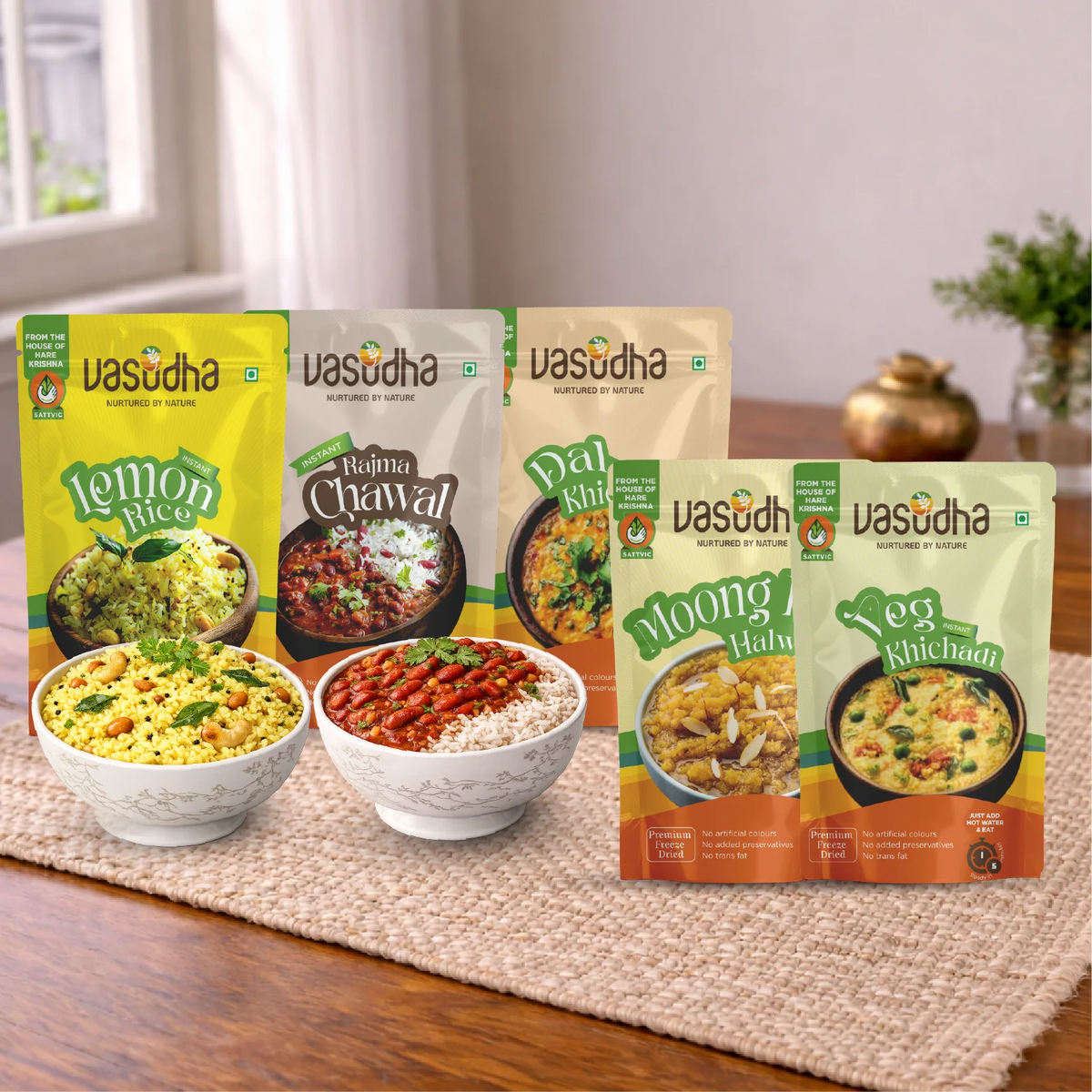 Meals Combo – Dal Khichadi + Veg Khichadi + Rajma Chawal + Lemon Rice + Moong Dal Halwa | Ready to eat | No Onion | No Garlic | Sattvic