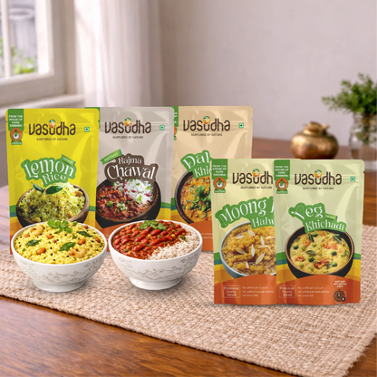 Meals Combo – Dal Khichadi + Veg Khichadi + Rajma Chawal + Lemon Rice + Moong Dal Halwa | Ready to eat | No Onion | No Garlic | Sattvic