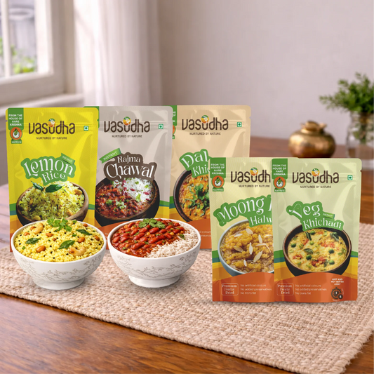 Meals Combo – Dal Khichadi + Veg Khichadi + Rajma Chawal + Lemon Rice + Moong Dal Halwa | Ready to eat | No Onion | No Garlic | Sattvic