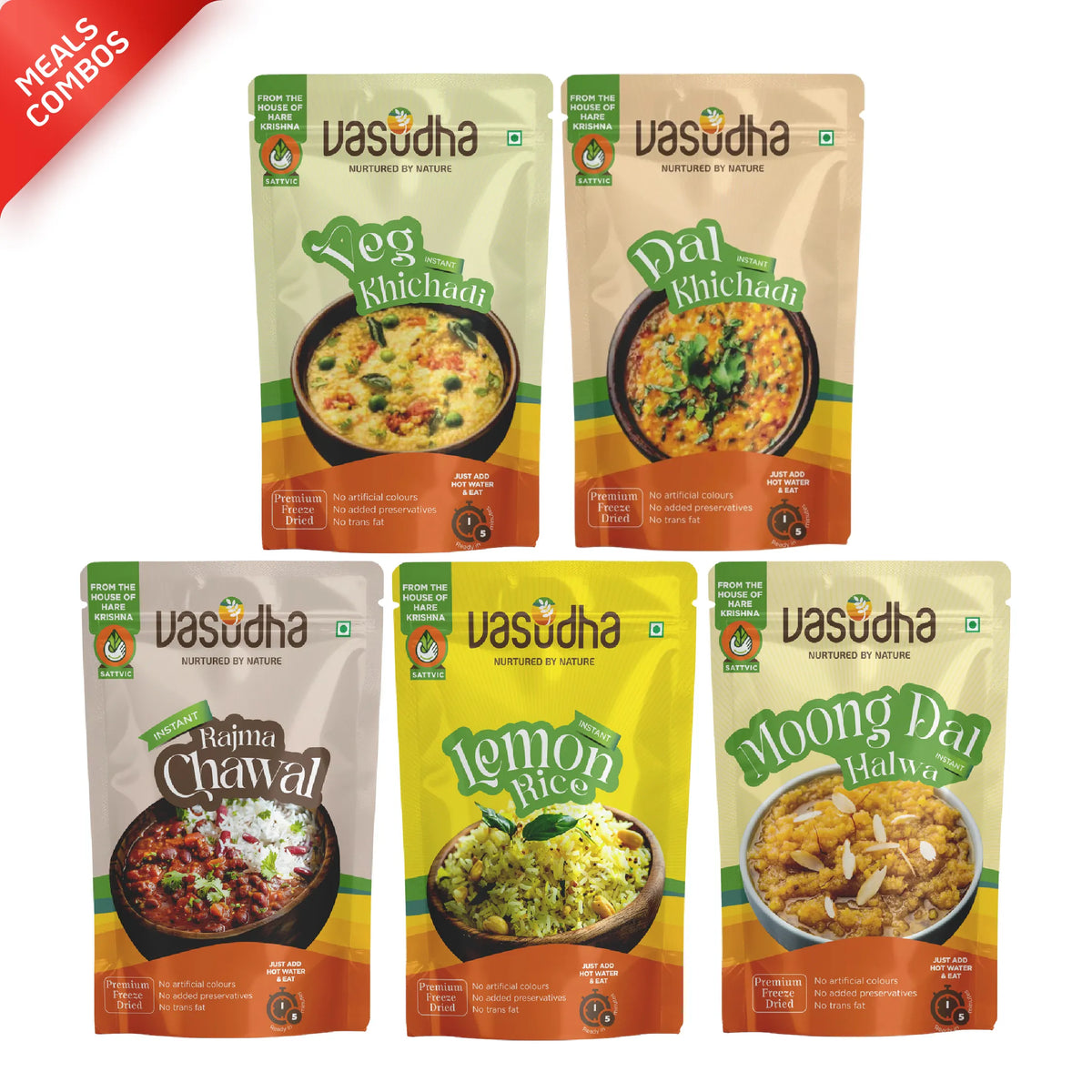 Meals Combo – Dal Khichadi + Veg Khichadi + Rajma Chawal + Lemon Rice + Moong Dal Halwa | Ready to eat | No Onion | No Garlic | Sattvic