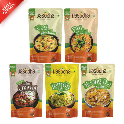 Meals Combo – Dal Khichadi + Veg Khichadi + Rajma Chawal + Lemon Rice + Moong Dal Halwa | Ready to eat | No Onion | No Garlic | Sattvic