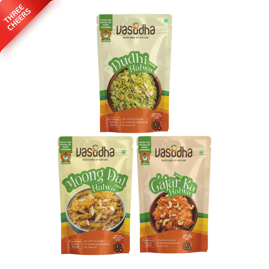 Three Cheers -  Moong Dal Halwa + Dudhi Halwa + Gajar Ka Halwa | Ready to eat | Sattvic