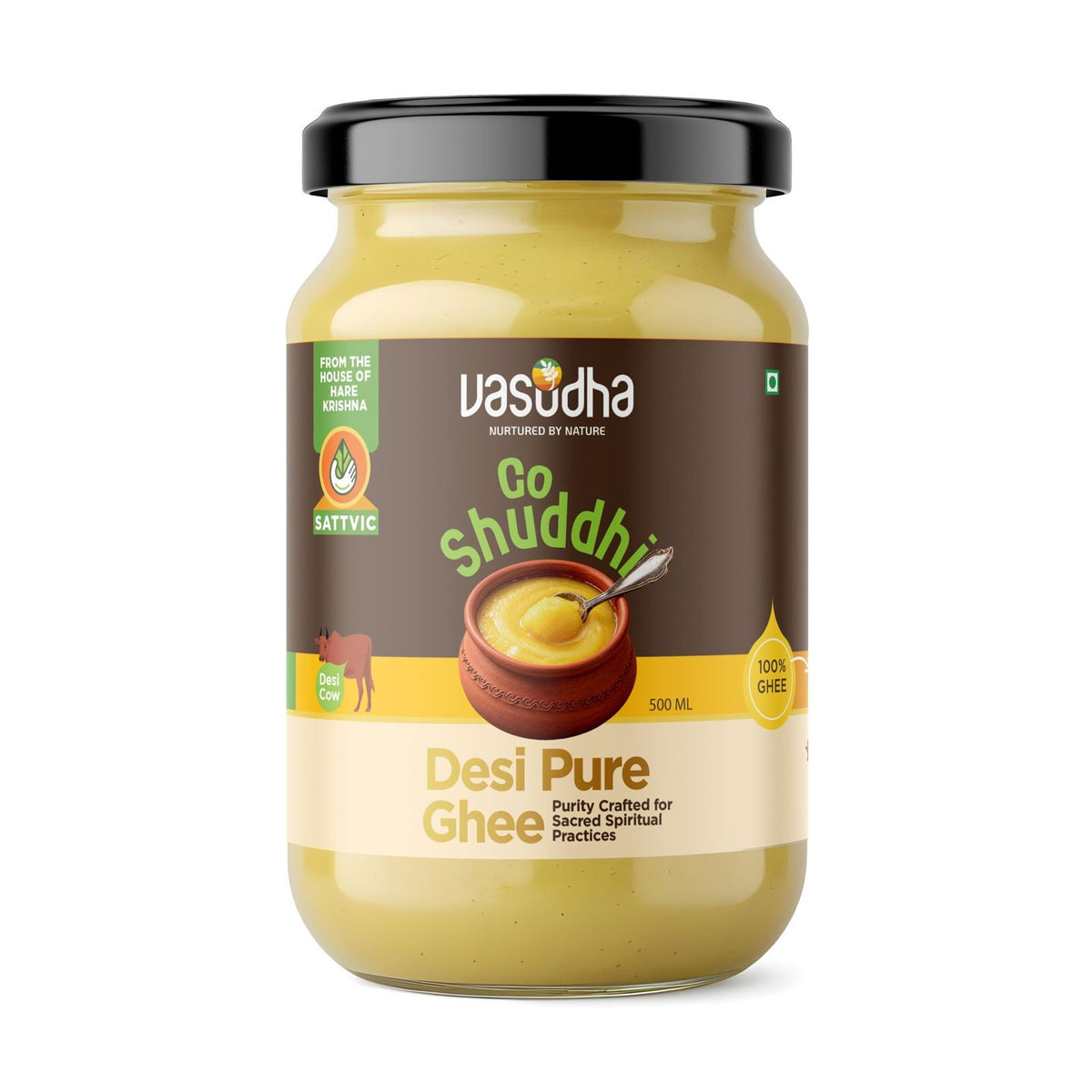 Vasudha Foods Go Shuddhi 500ml jar of pure desi cow ghee with a golden texture for cooking and spiritual rituals.