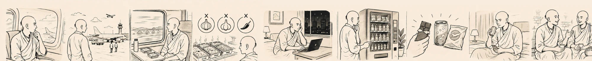 The journey — city to city, train stations, hotel rooms, vending machines